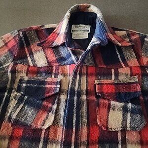 Men's Vintage Heavy weight Flannel Jacket Shirt Mervyn's Red Blue  NO BUTTONS